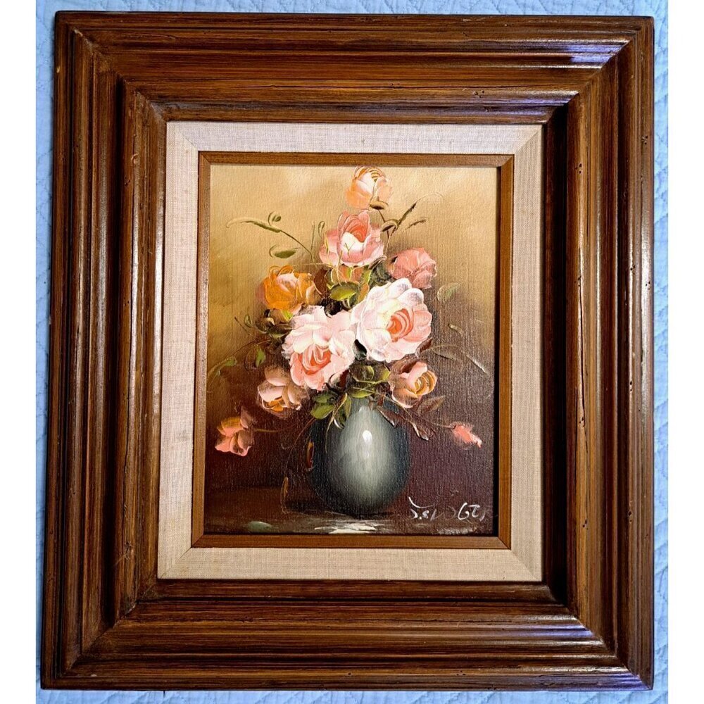 Pink Roses Still Life Oil Painting 17"x 14.5" Framed Matted Signed From Mexico